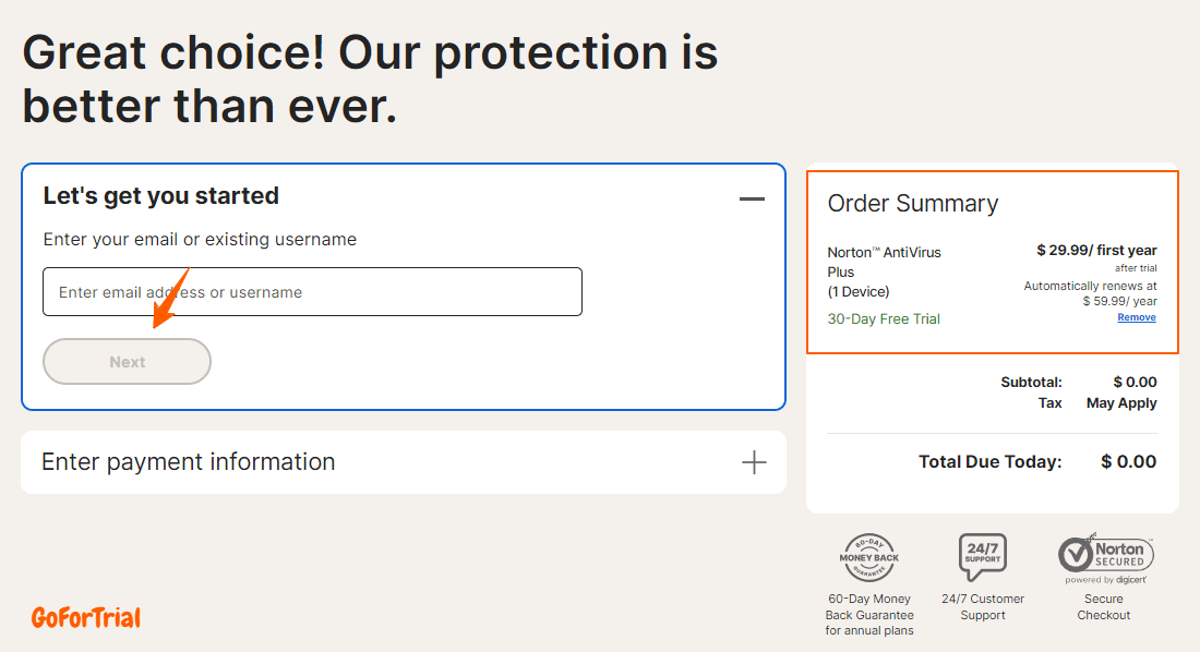 Norton Checkout Page with 30 Days Trial