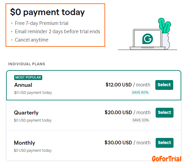 Upgrade Plan Grammarly with Trial Option