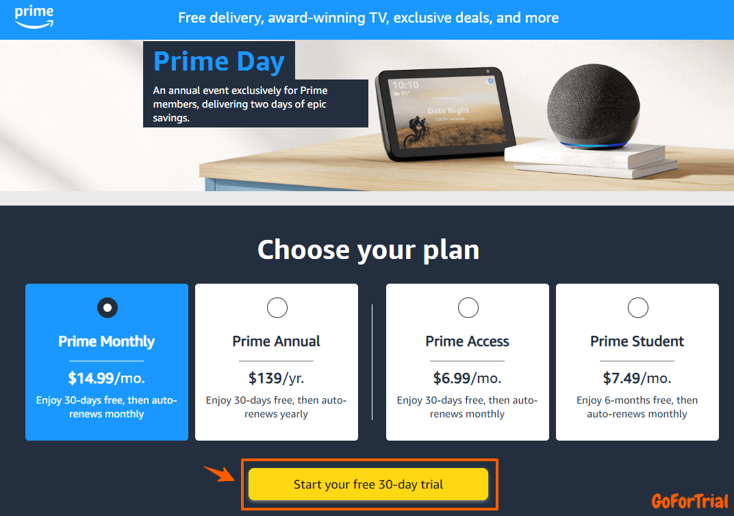 Amazon Prime Video Free Trial Membership Plans