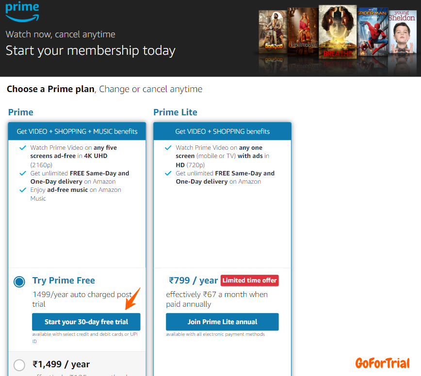 Prime Video Free Trial Membership Plans India