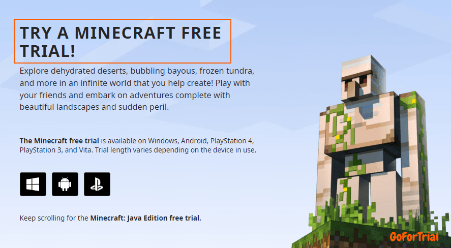 Minecraft Free Trial Banner on their website