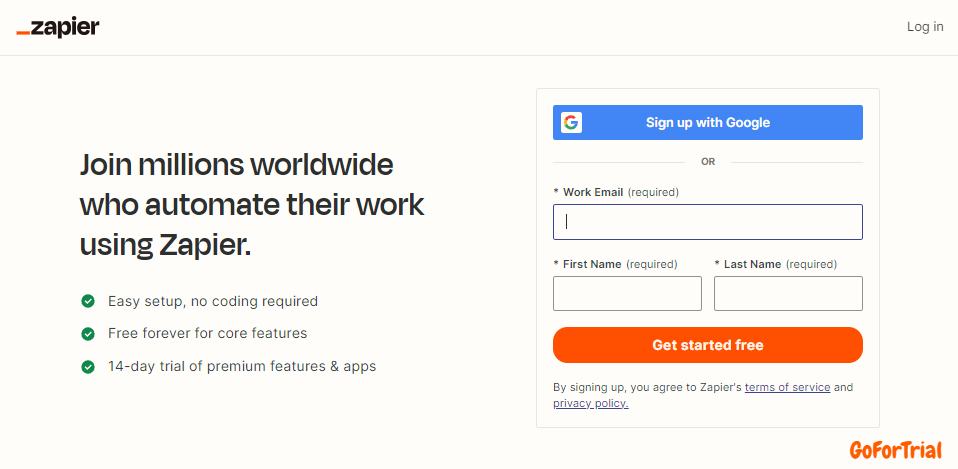 Sign up Zapier