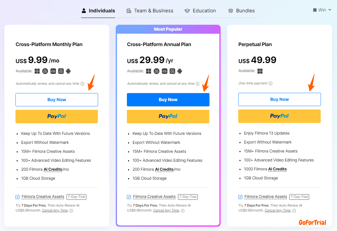 Filmora Pricing Plans