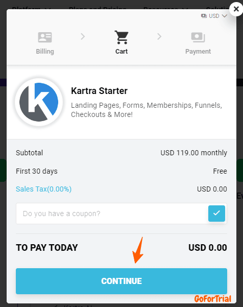 Kartra Trial Sign up Step cart