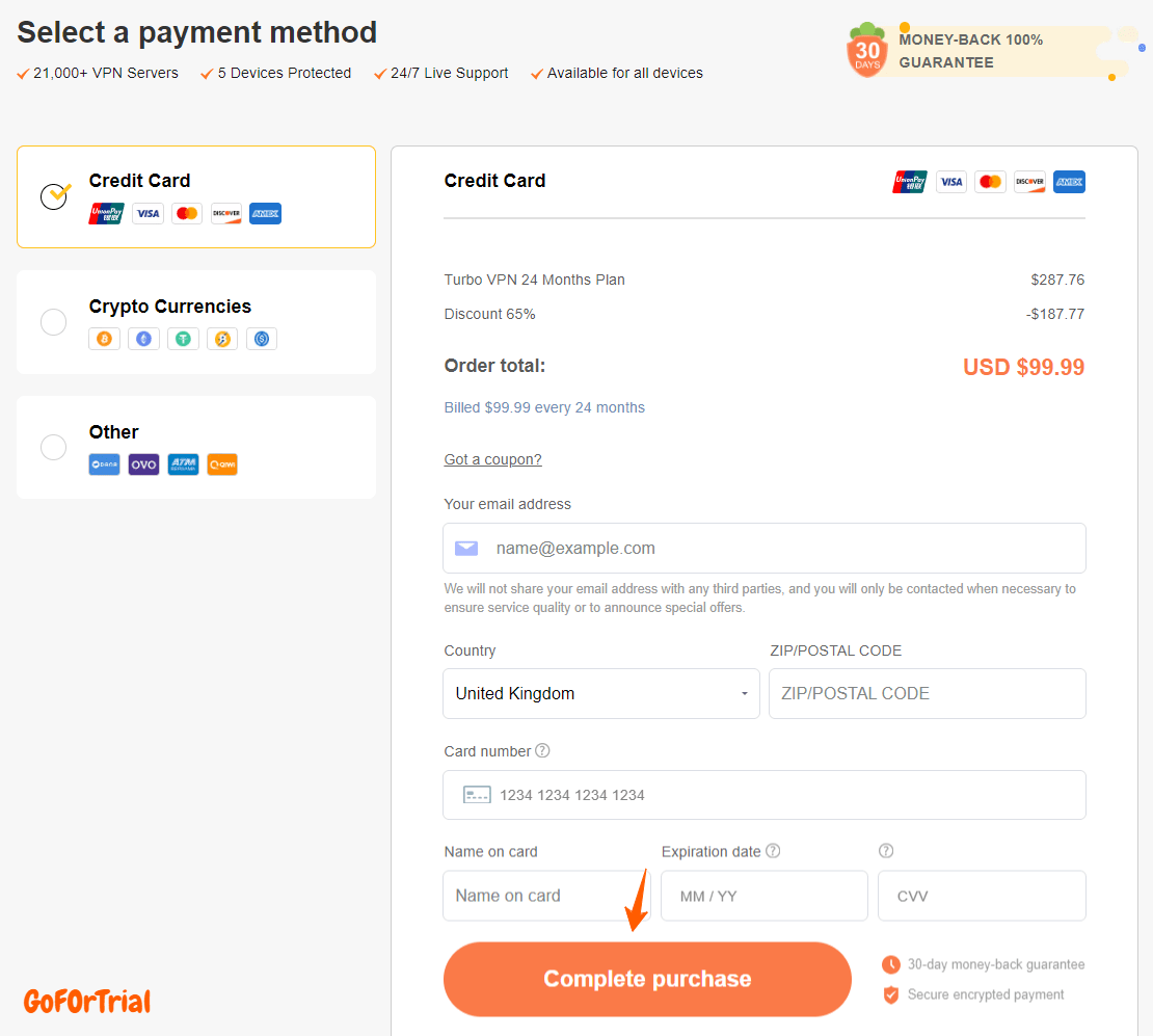 Turbo VPN Checkout Page