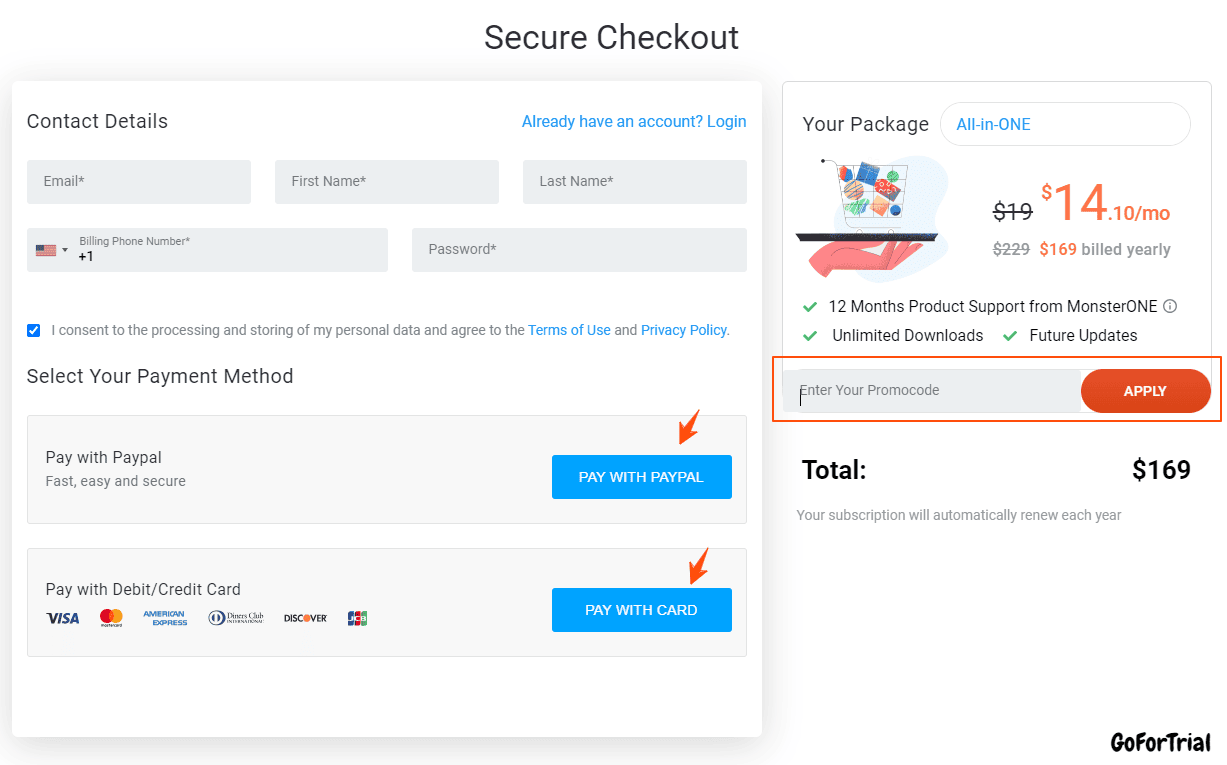 MonsterONE Checkout Page