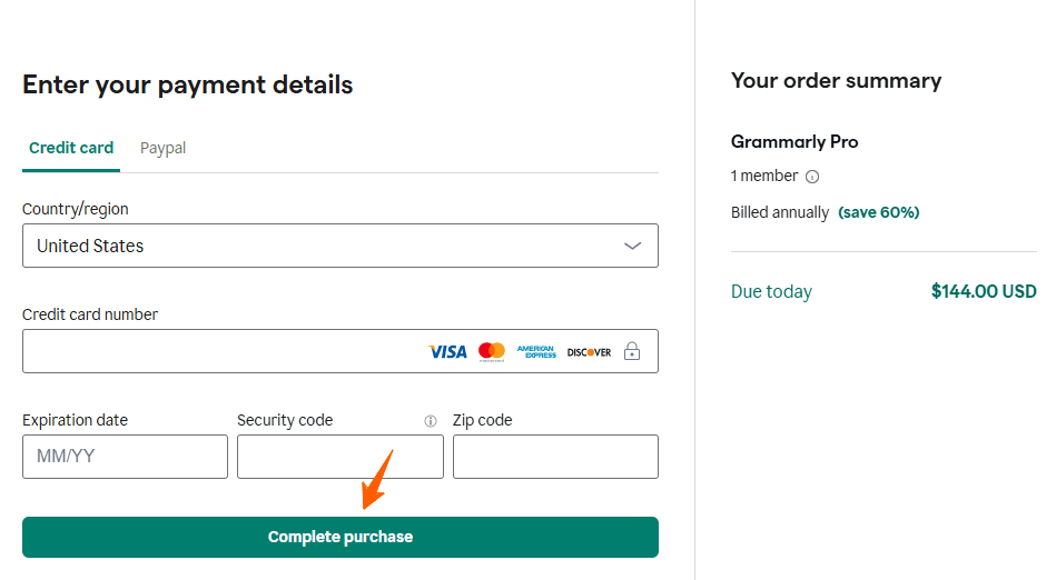 Grammarly Enter Payment Details