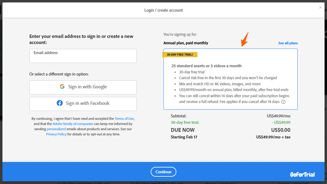 Adobe-Stock-pricing plan selection create account