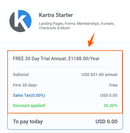 Kartra Trial Sign up Coupon Applied 30 OFF