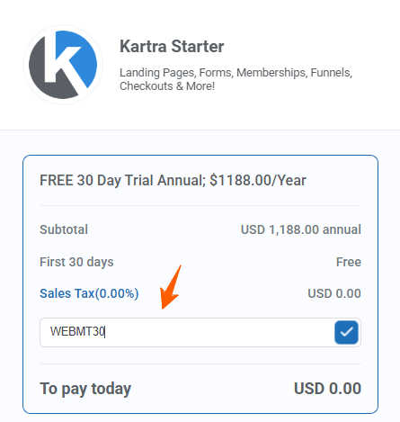 Kartra Trial Sign up Coupon Box