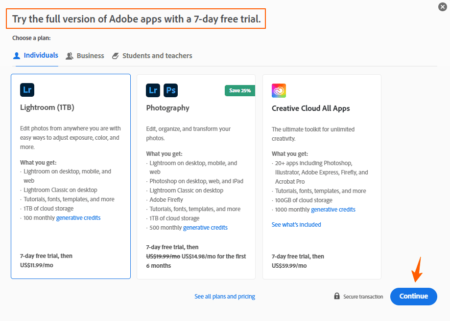 Lightroom Free Trial Select Plan Step