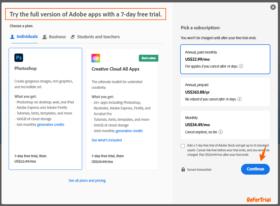 Photoshop-Free-Trial Select Plan Step