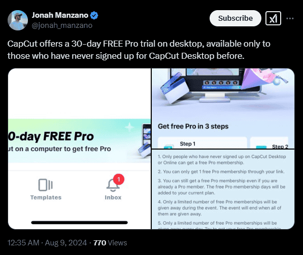 Capcut 30 days trial tweet screenshot