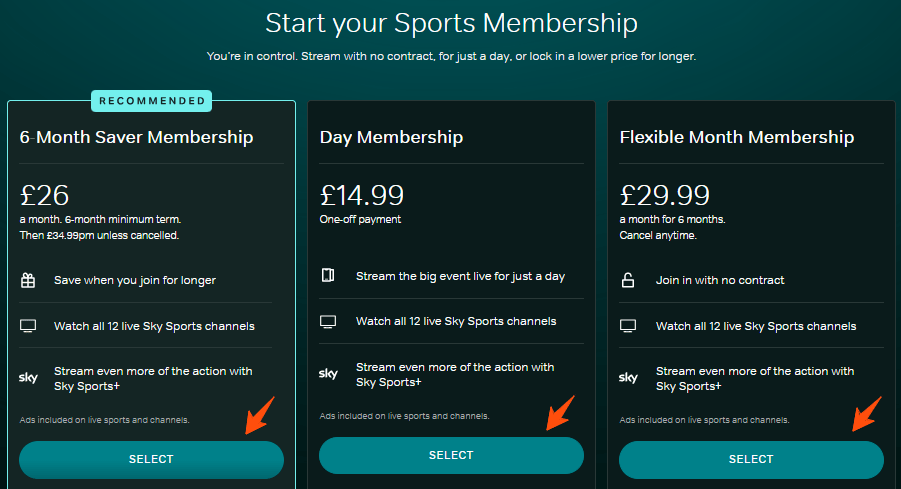 Sky Sports Free Trial - Get 1 Month Free & Watch for Free! 3 Choose-your-Sports-Membership-Plan