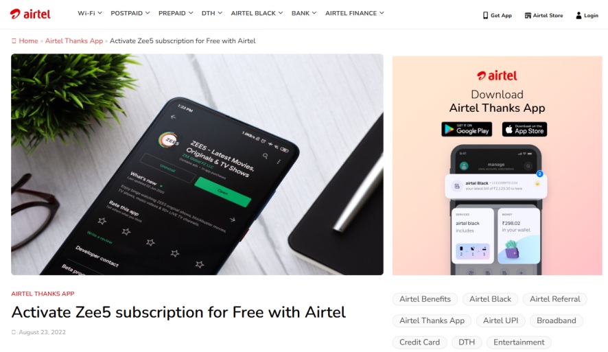 Zee5 Free Subscription : Start Your Trial Account with 5 Methods for Free 4 Free zee5 with Airtel Prepaid Plan