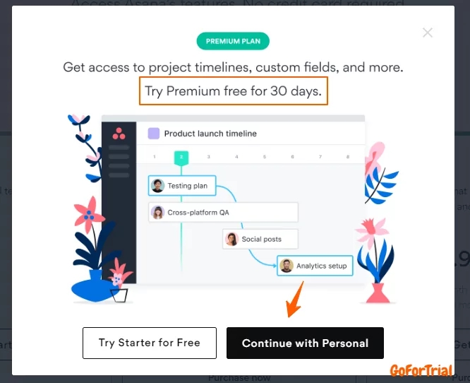 Asana 30 Days Trial Popup when Sign up