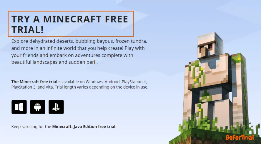 Minecraft Free Trial: Get Full Access to Your Trial Account Today! 2 Minecraft Free Trial Banner on their website