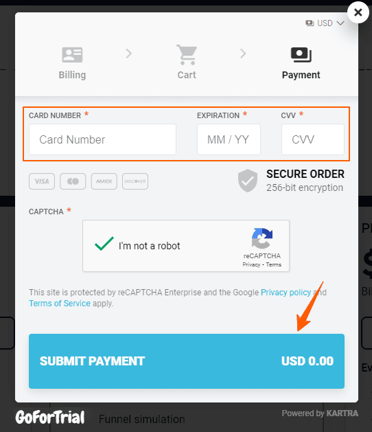 Kartra Discount Code, Working Coupon for 55% OFF on Plans 6 Payment submit option after applying kartra coupon