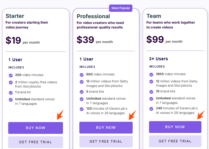 Pictory Free Trial- Experience 14 Days of Premium Features at No Cost 3 Pictory-Pricing-Plan