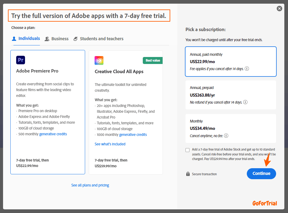 Adobe Premiere Pro Free Trial, Get Premium Trial Upto 21 Days 5 Premiere Pro Select Plan Step