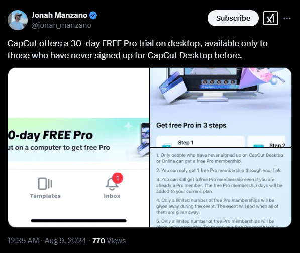 CapCut Free Trial: Start Your 30-day CapCut Pro Trial Now! 3 Capcut 30 days trial tweet screenshot